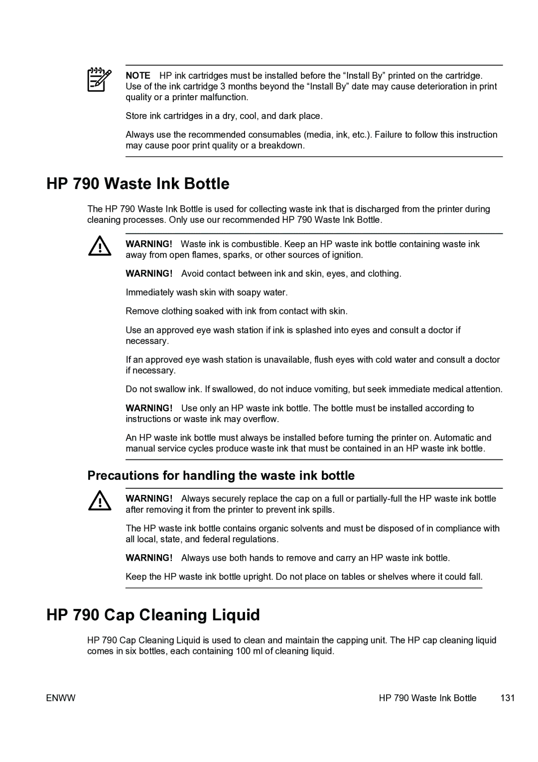 HP 9000s manual HP 790 Waste Ink Bottle, HP 790 Cap Cleaning Liquid, Precautions for handling the waste ink bottle 