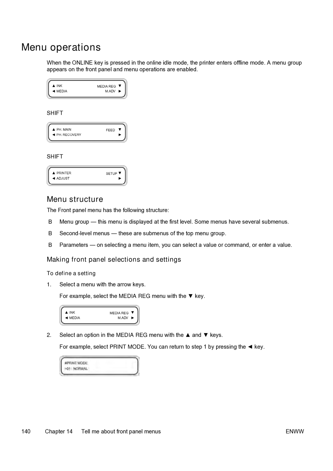 HP 9000s manual Menu operations, Menu structure, Making front panel selections and settings 