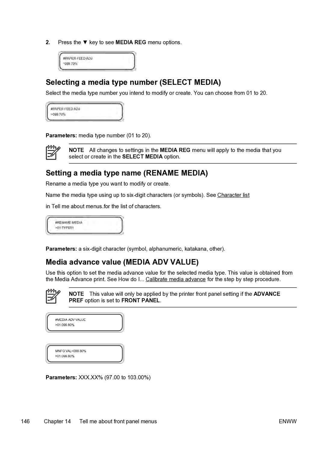 HP 9000s manual Selecting a media type number Select Media, Setting a media type name Rename Media 