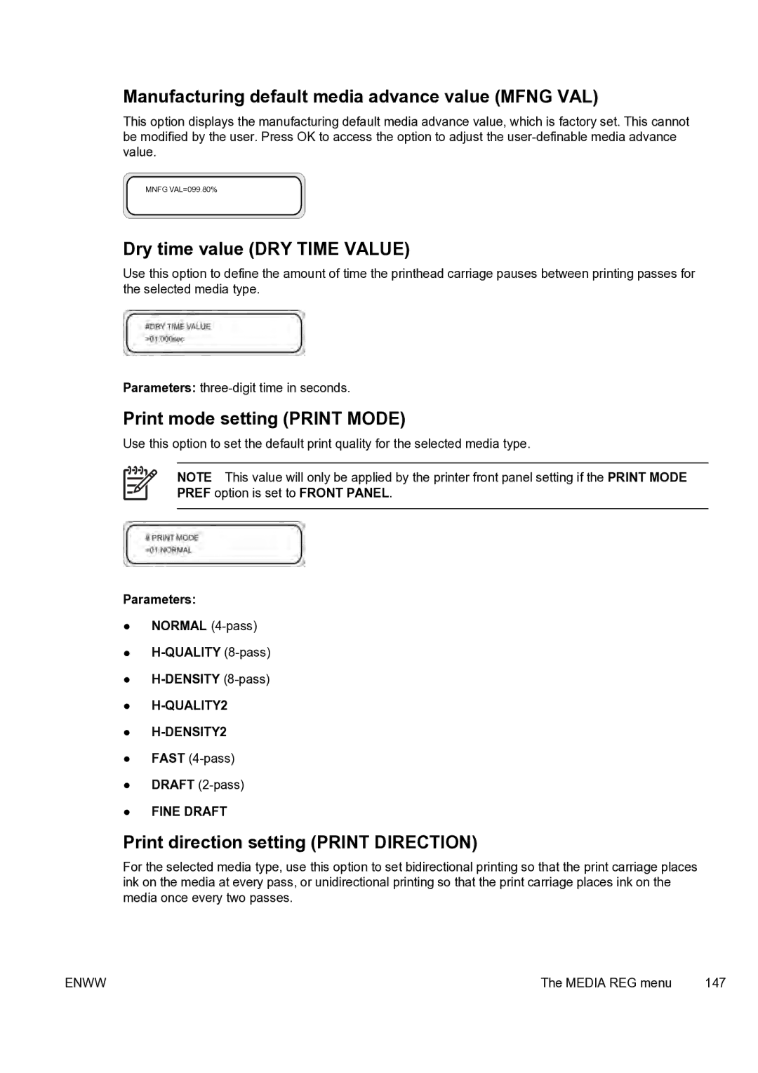 HP 9000s Manufacturing default media advance value Mfng VAL, Dry time value DRY Time Value, Print mode setting Print Mode 