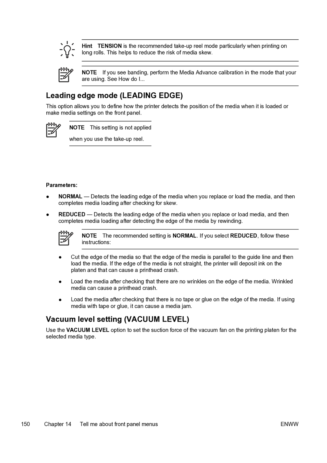 HP 9000s manual Leading edge mode Leading Edge, Vacuum level setting Vacuum Level 