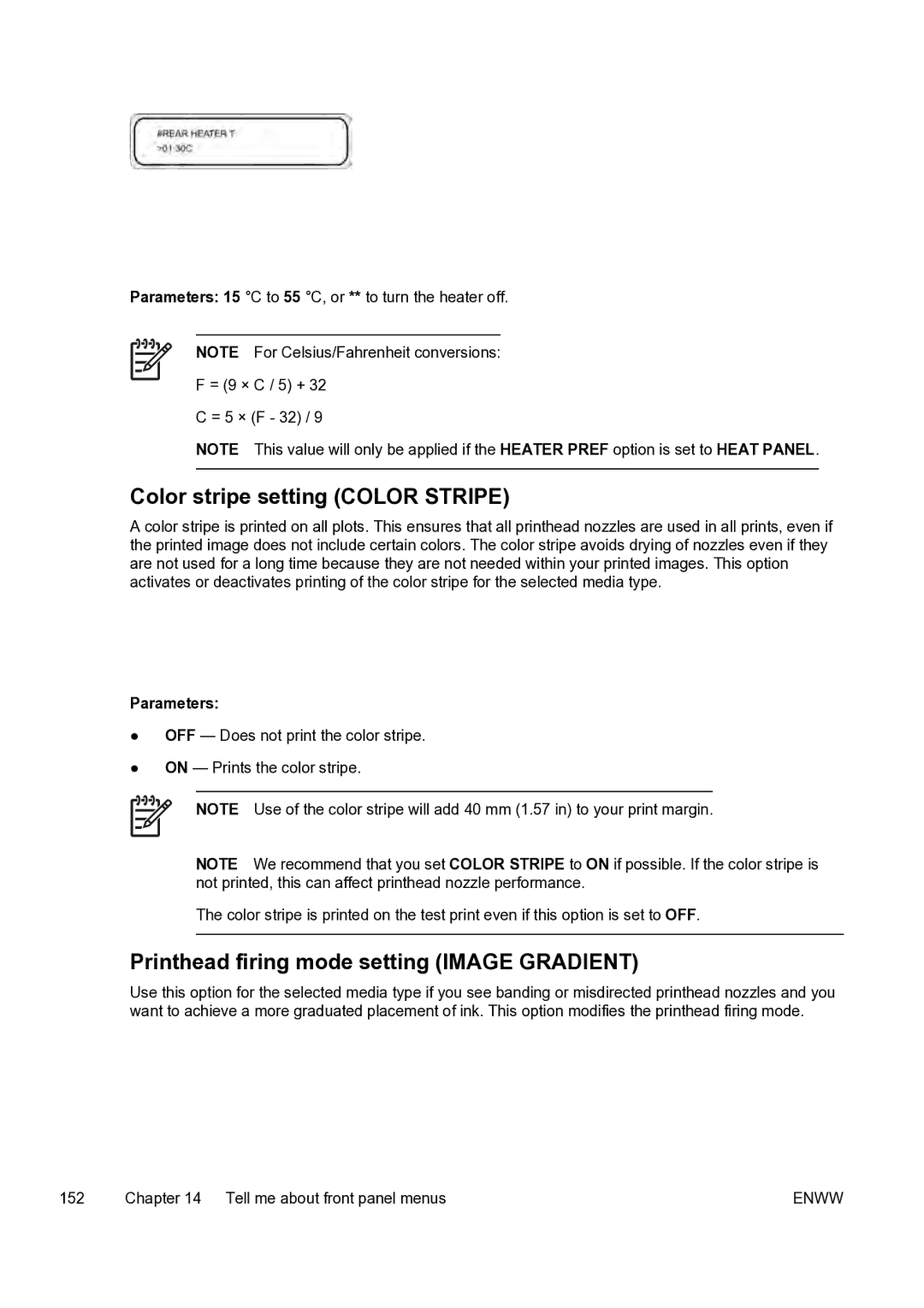 HP 9000s manual Color stripe setting Color Stripe, Printhead firing mode setting Image Gradient 