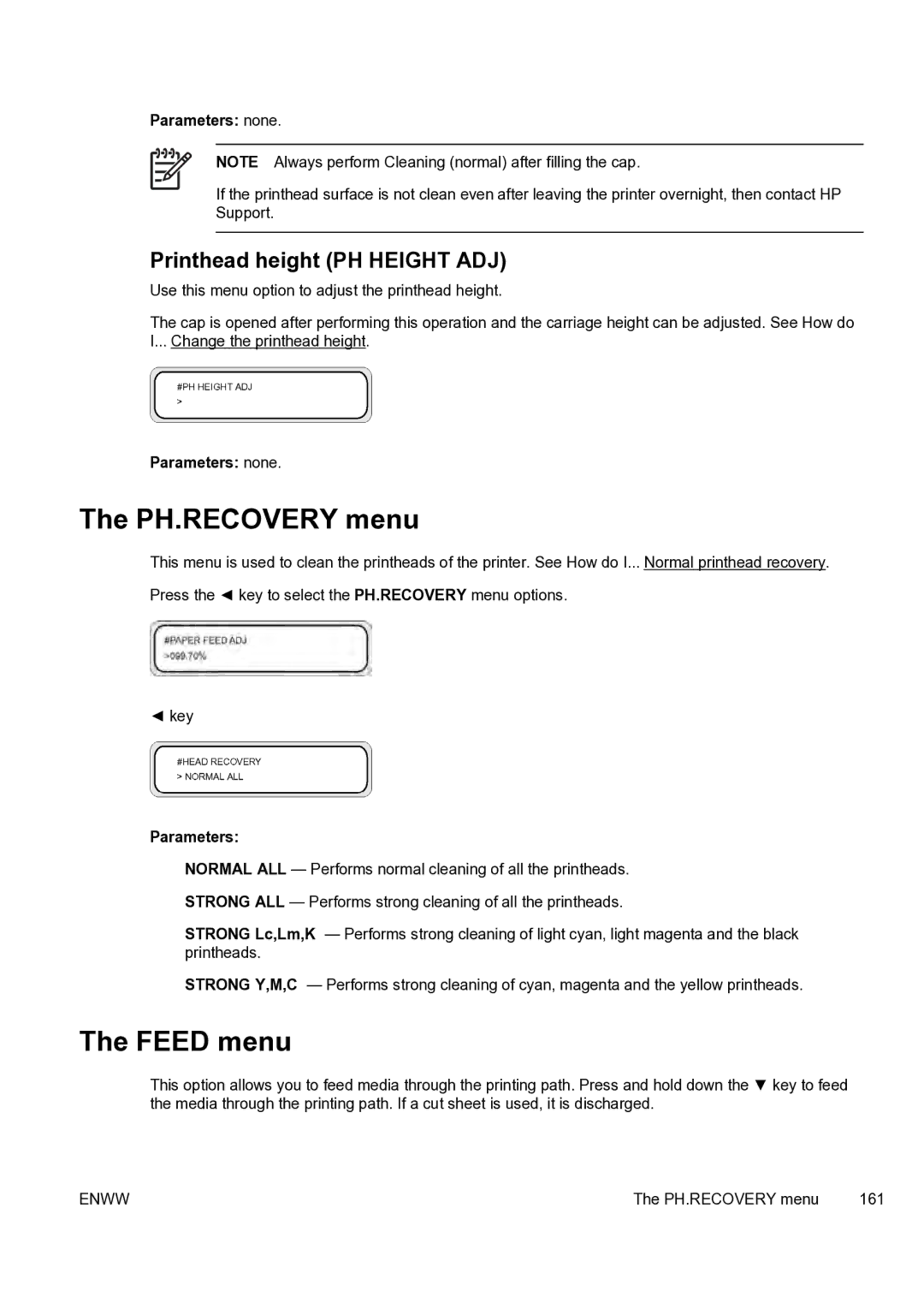 HP 9000s manual PH.RECOVERY menu, Feed menu, Printhead height PH Height ADJ 