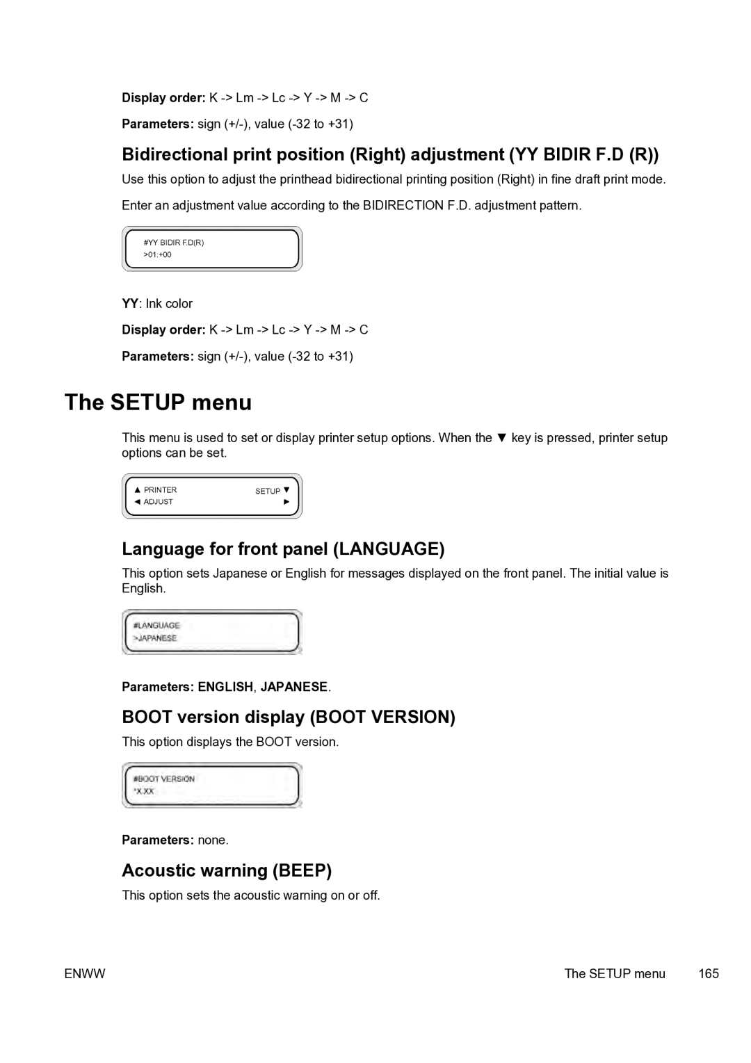 HP 9000s manual Setup menu, Language for front panel Language, Boot version display Boot Version, Acoustic warning Beep 