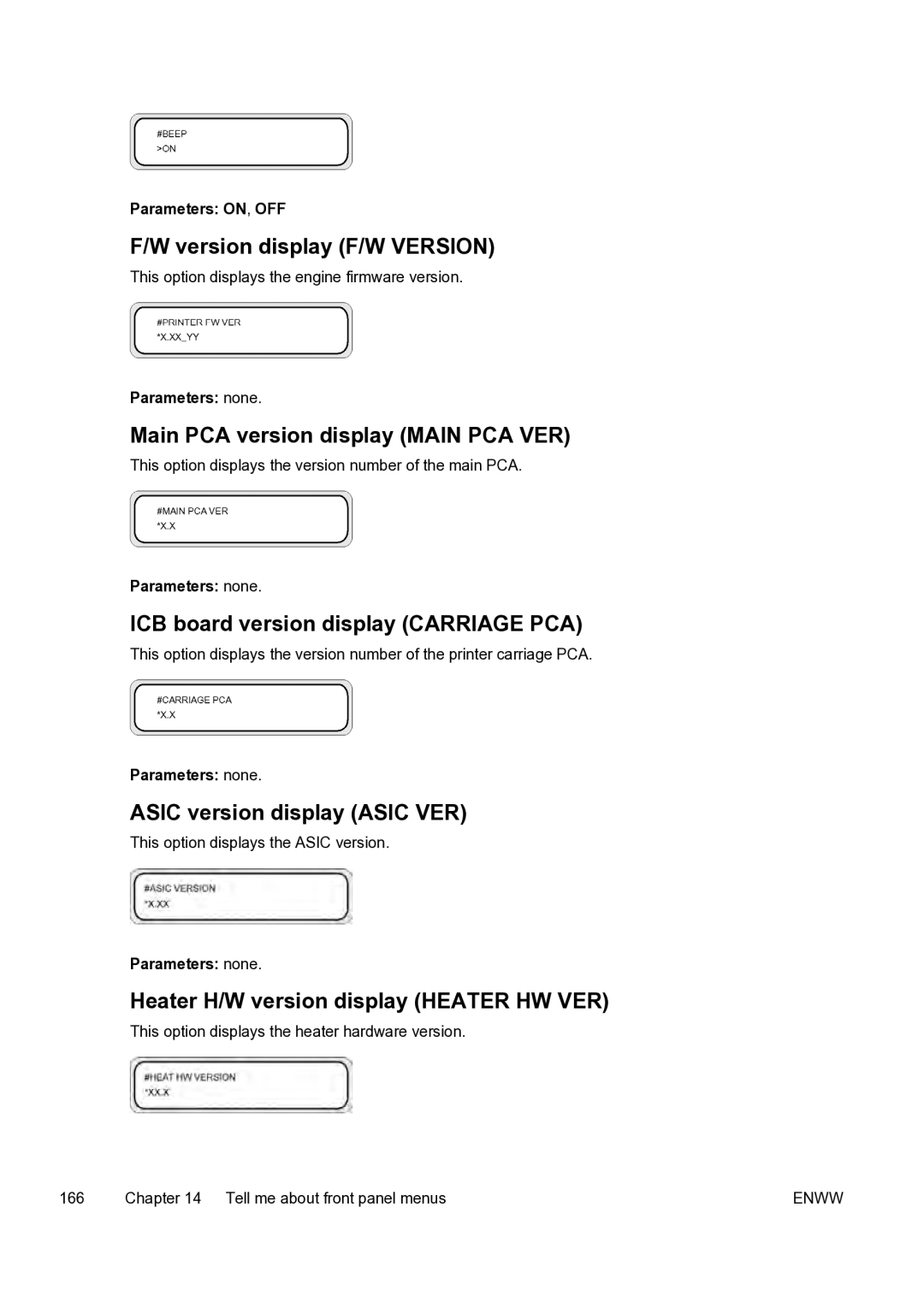 HP 9000s manual Version display F/W Version, Main PCA version display Main PCA VER, ICB board version display Carriage PCA 