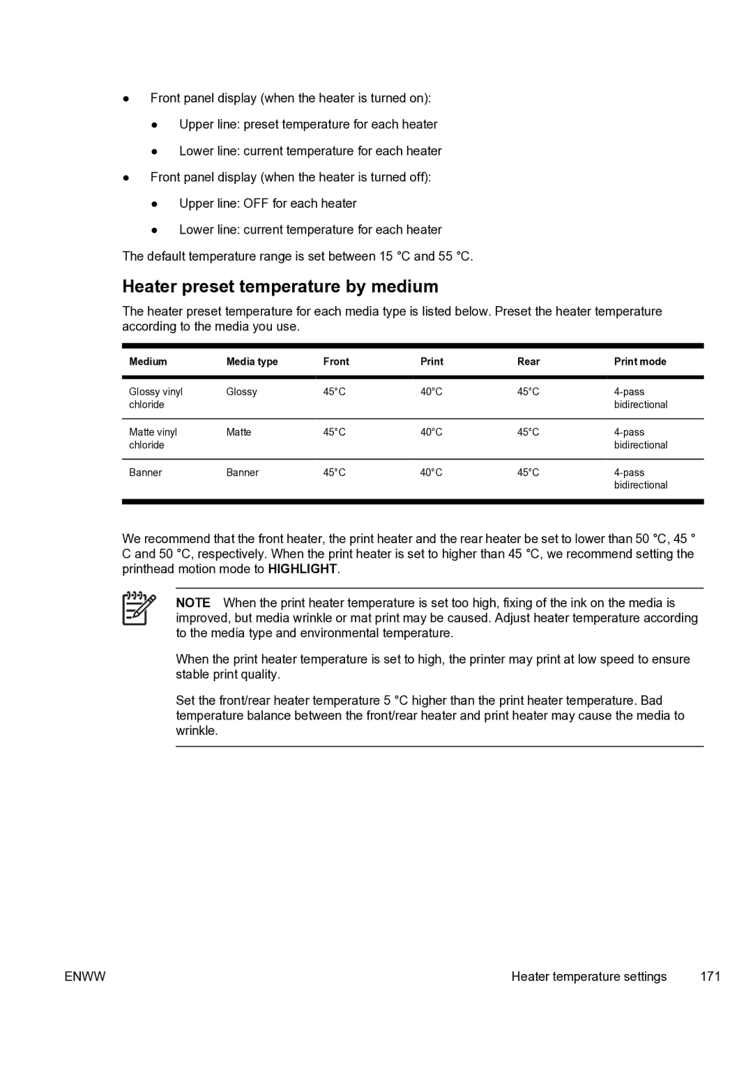 HP 9000s manual Heater preset temperature by medium 