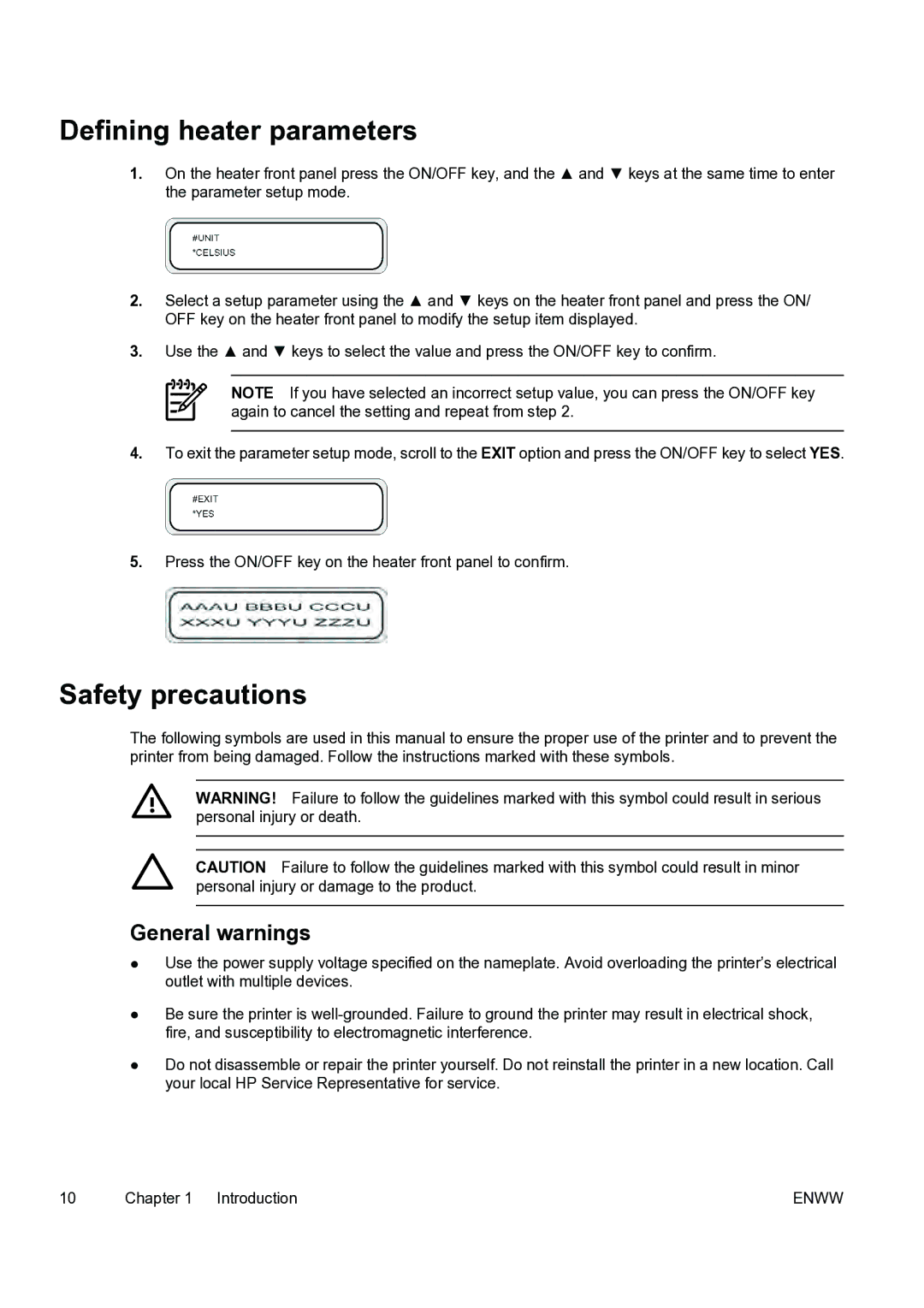 HP 9000s manual Defining heater parameters, Safety precautions, General warnings 