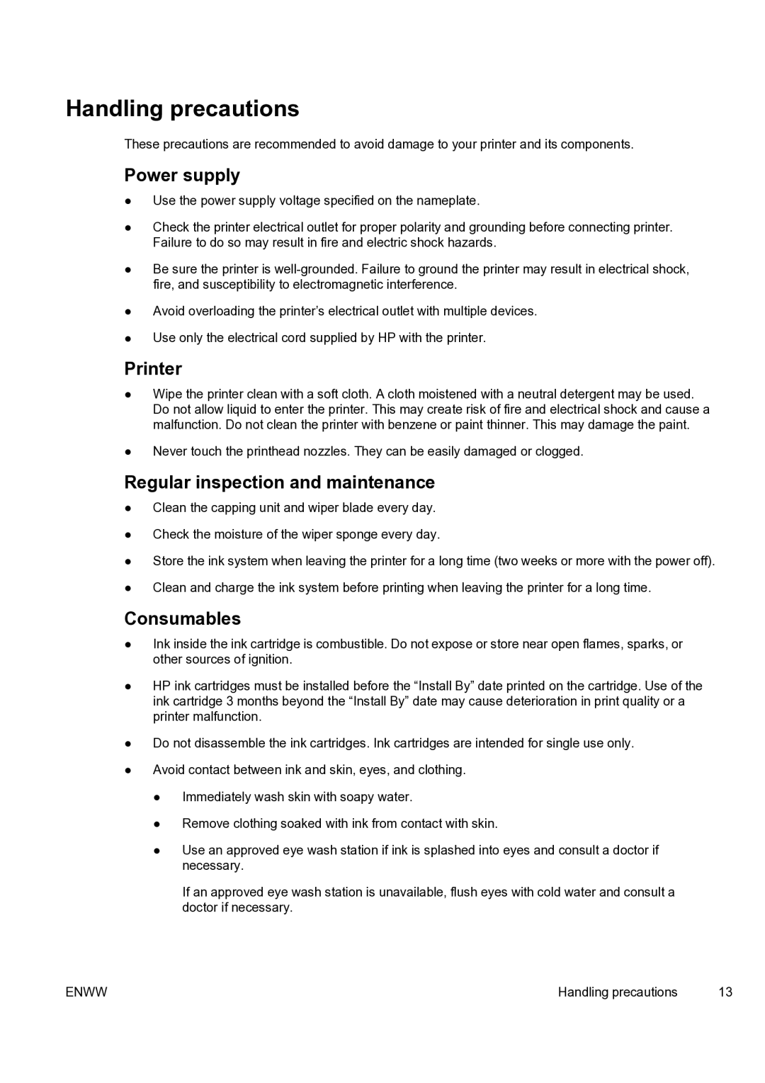 HP 9000s manual Handling precautions, Power supply, Printer, Regular inspection and maintenance, Consumables 