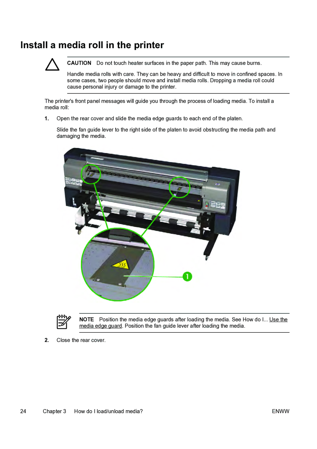 HP 9000s manual Install a media roll in the printer 