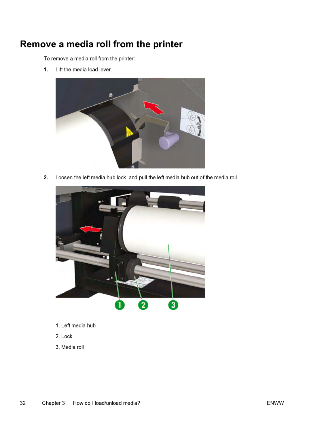 HP 9000s manual Remove a media roll from the printer 