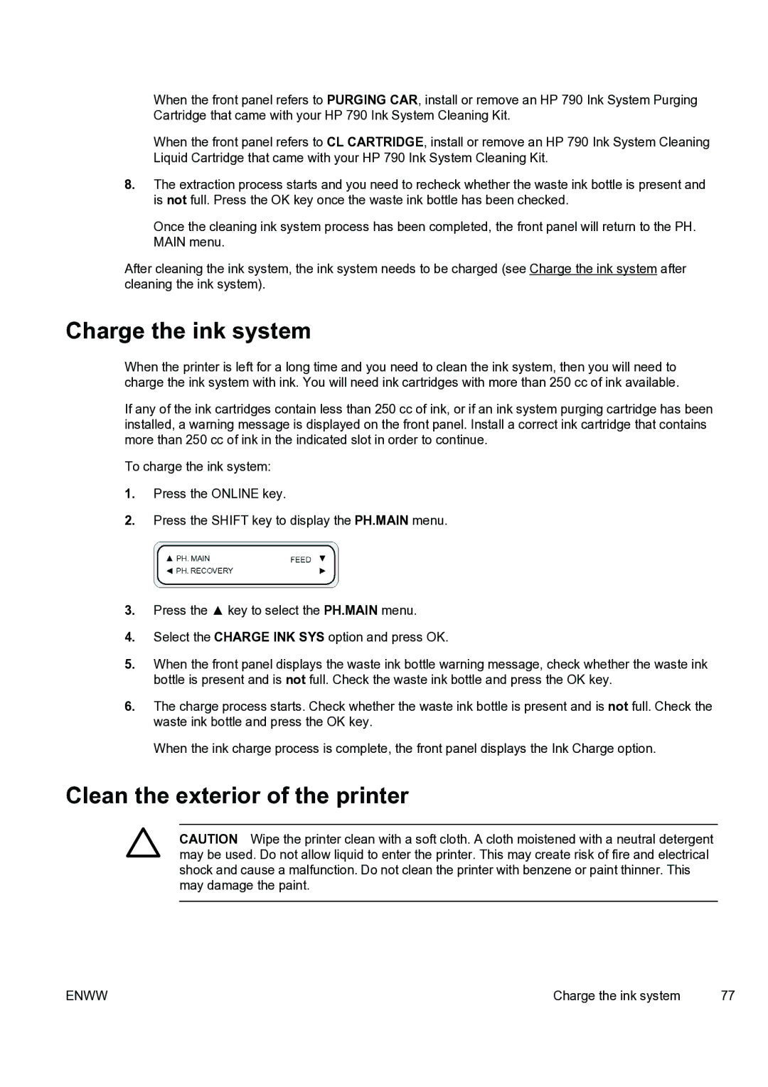 HP 9000s manual Charge the ink system, Clean the exterior of the printer 