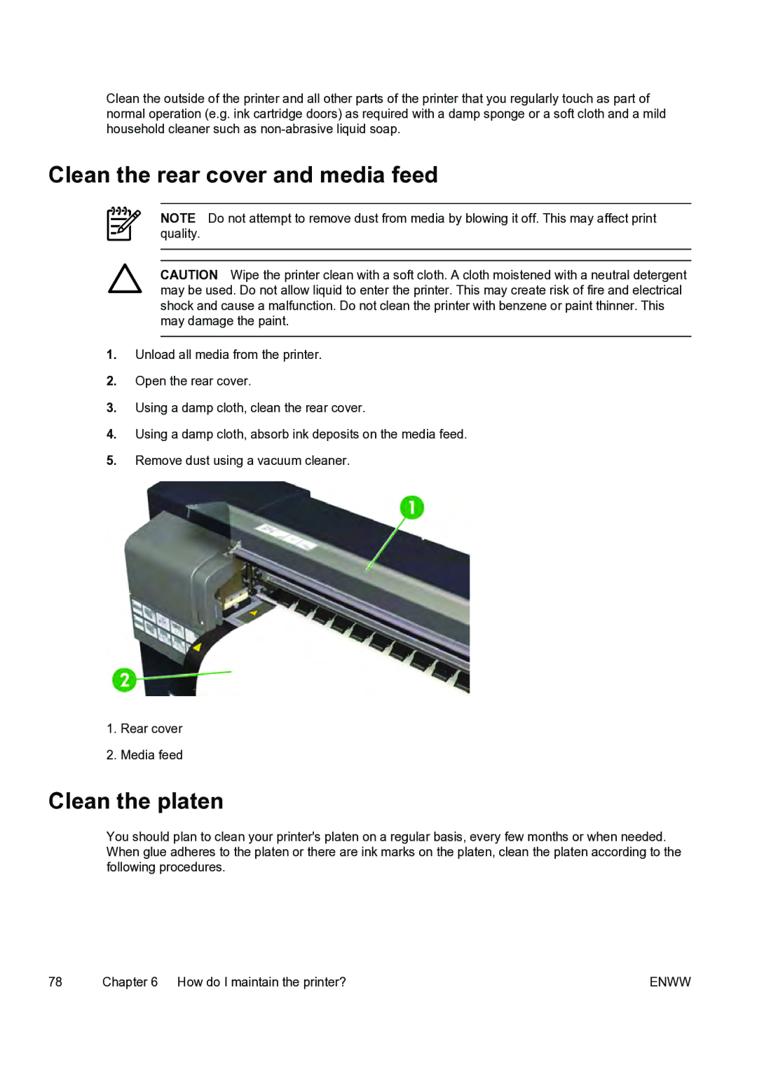 HP 9000s manual Clean the rear cover and media feed, Clean the platen 