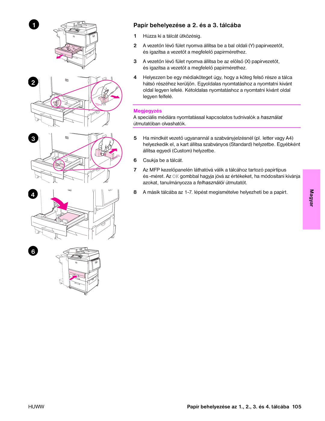 HP 9050MFP, 9040MFP manual Papír behelyezése a 2. és a 3. tálcába 