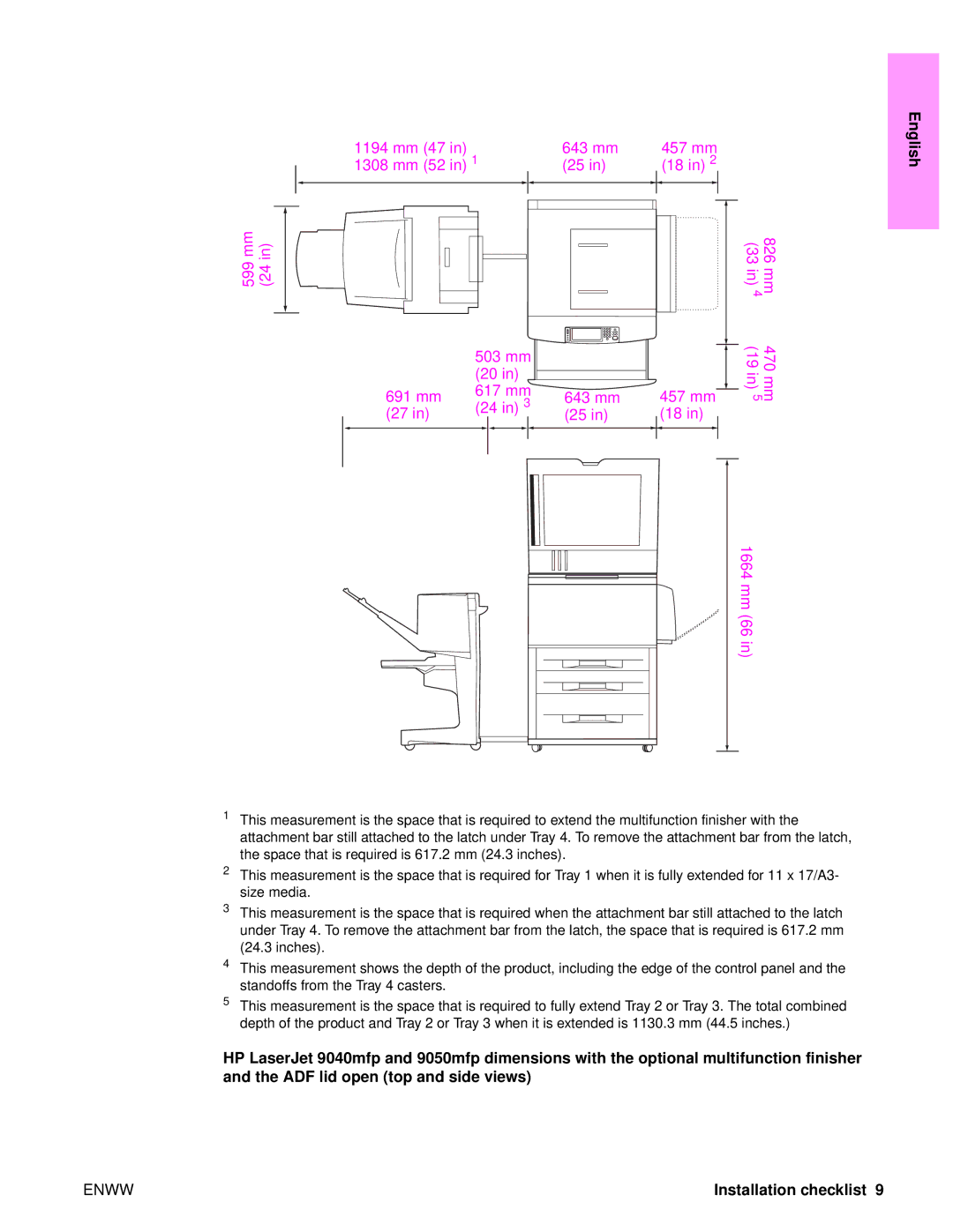 HP 9050MFP, 9040MFP manual 1194 mm 47 643 mm 457 mm 1308 mm 52 