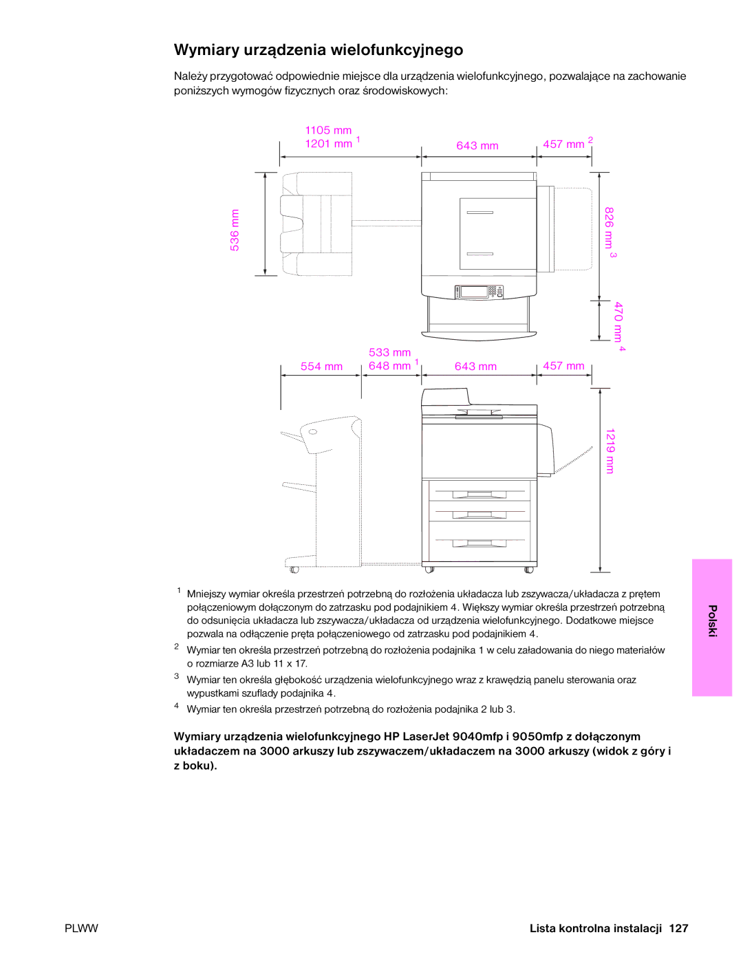 HP 9050MFP, 9040MFP manual Wymiary urządzenia wielofunkcyjnego, 1105 mm 1201 mm 643 mm 457 mm 536 mm 533 mm 554 mm 648 mm 