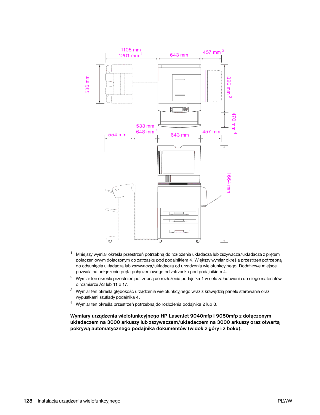 HP 9040MFP, 9050MFP manual 533 mm 554 mm 648 mm 643 mm 457 mm 826 mm 470 mm 1664 mm 