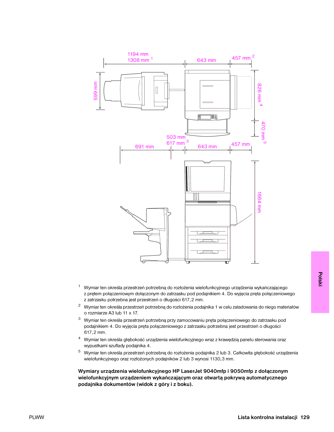 HP 9050MFP, 9040MFP manual 1194 mm, 1308 mm 643 mm, 617 mm 643 mm 457 mm 691 mm 1664 mm 