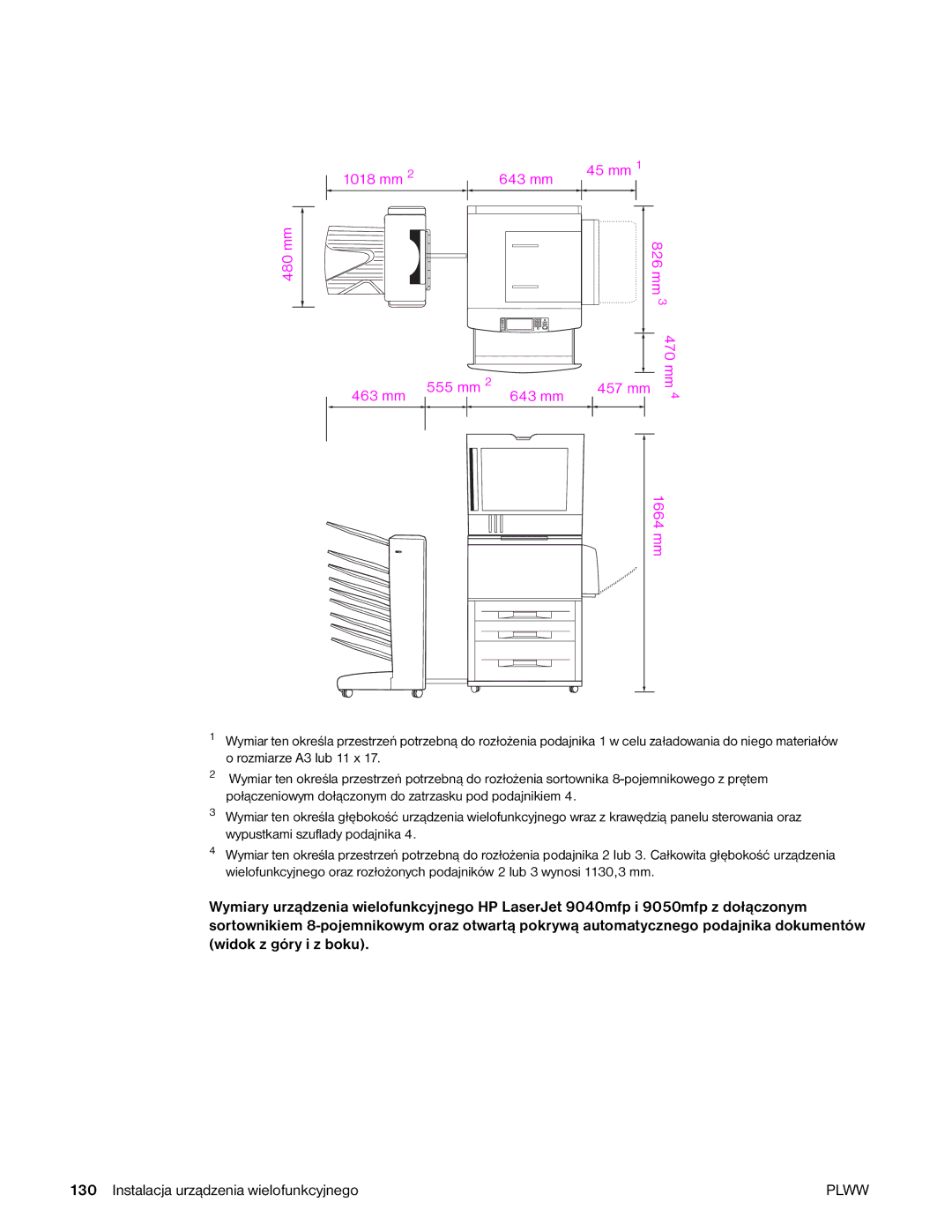 HP 9040MFP, 9050MFP manual 1018 mm 643 mm 463 mm 555 mm 45 mm, 457 mm 1664 mm 