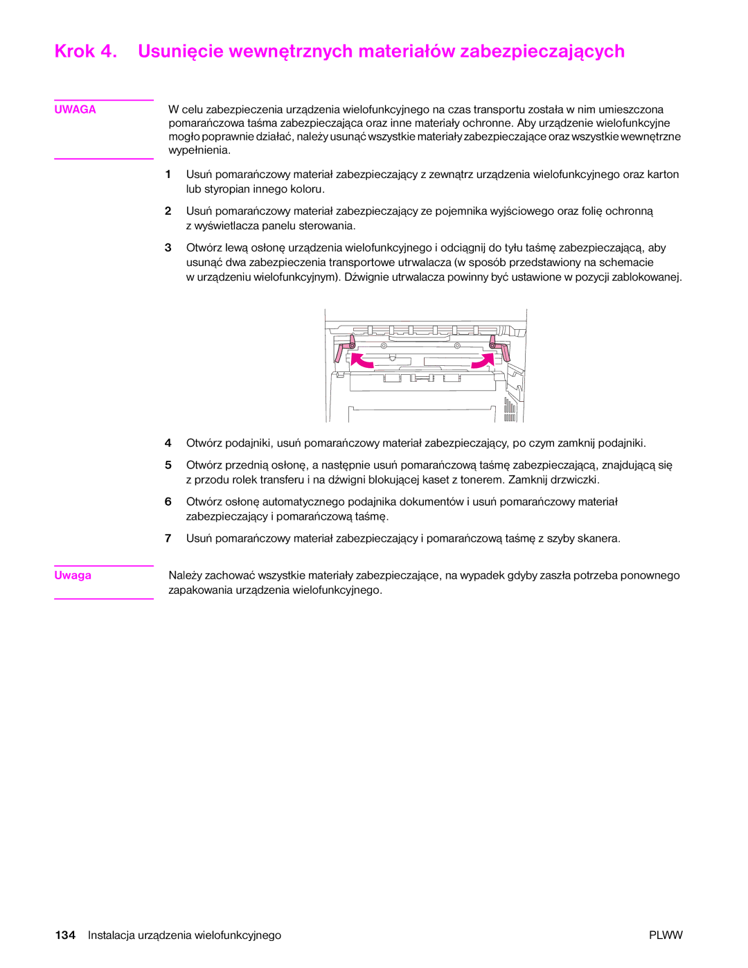 HP 9040MFP, 9050MFP manual Krok 4. Usunięcie wewnętrznych materiałów zabezpieczających, Uwaga 