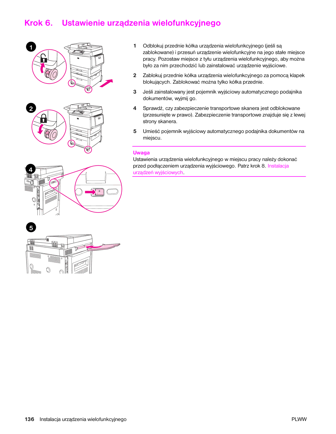 HP 9040MFP, 9050MFP manual Krok 6. Ustawienie urządzenia wielofunkcyjnego, Urządzeń wyjściowych 