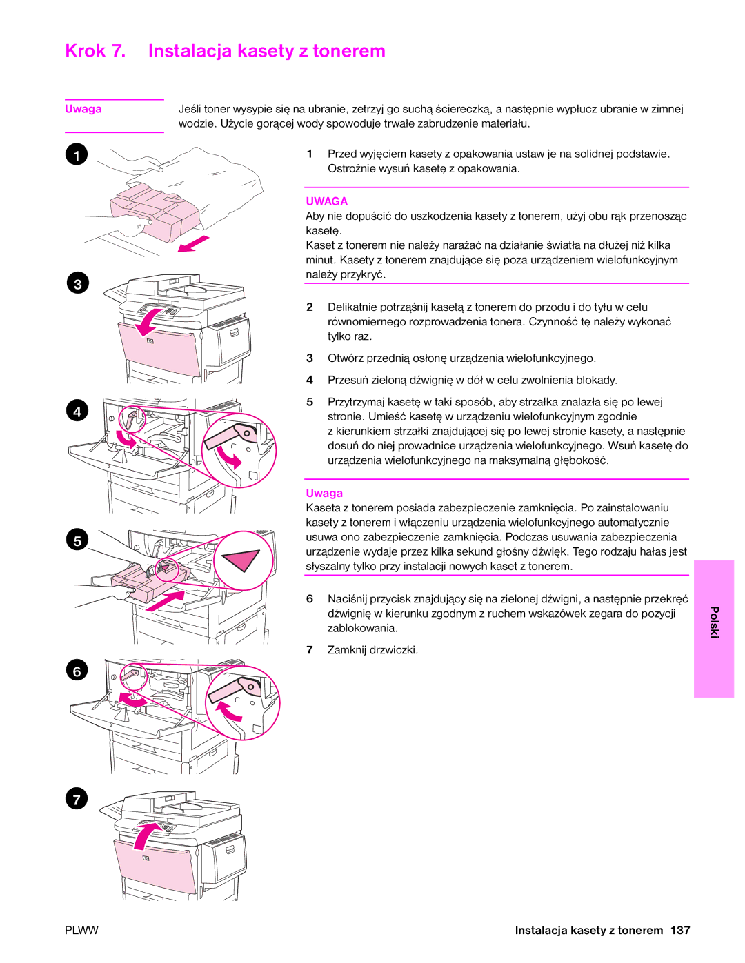 HP 9050MFP, 9040MFP manual Krok 7. Instalacja kasety z tonerem 