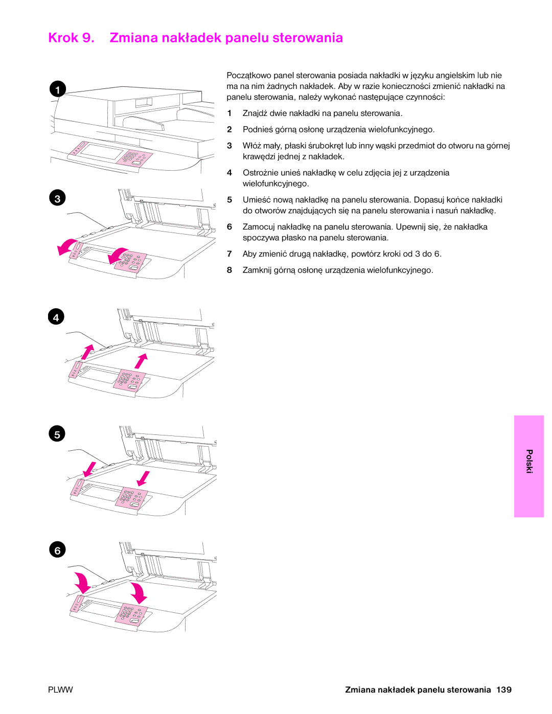 HP 9050MFP, 9040MFP manual Krok 9. Zmiana nakładek panelu sterowania 