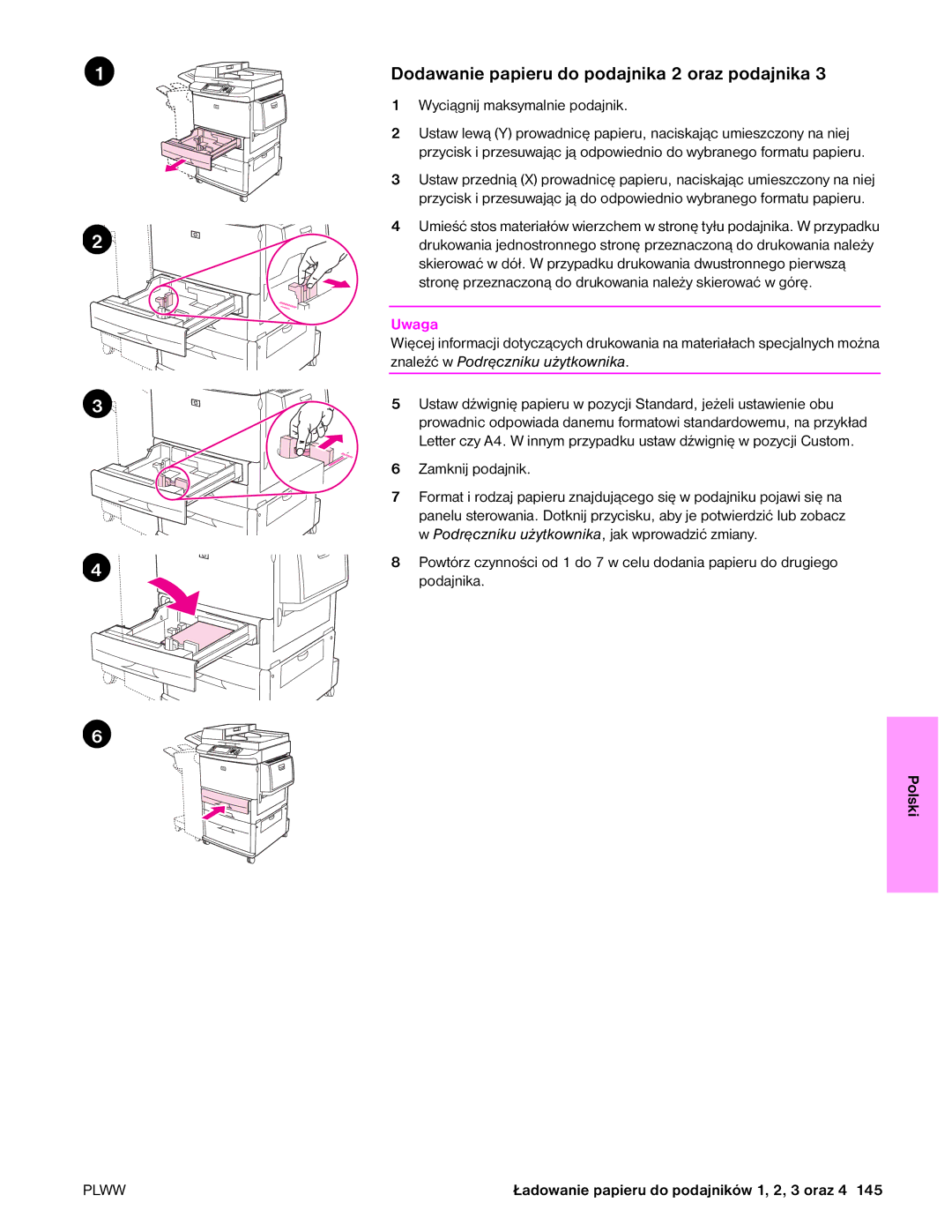 HP 9050MFP, 9040MFP manual Dodawanie papieru do podajnika 2 oraz podajnika, Podajnika 