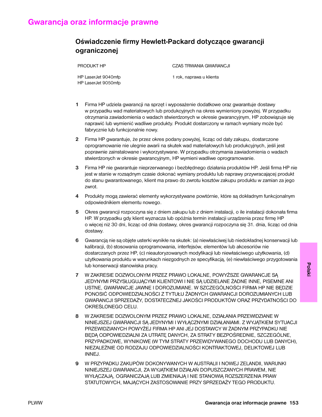 HP 9050MFP, 9040MFP manual Gwarancja oraz informacje prawne, Polski 