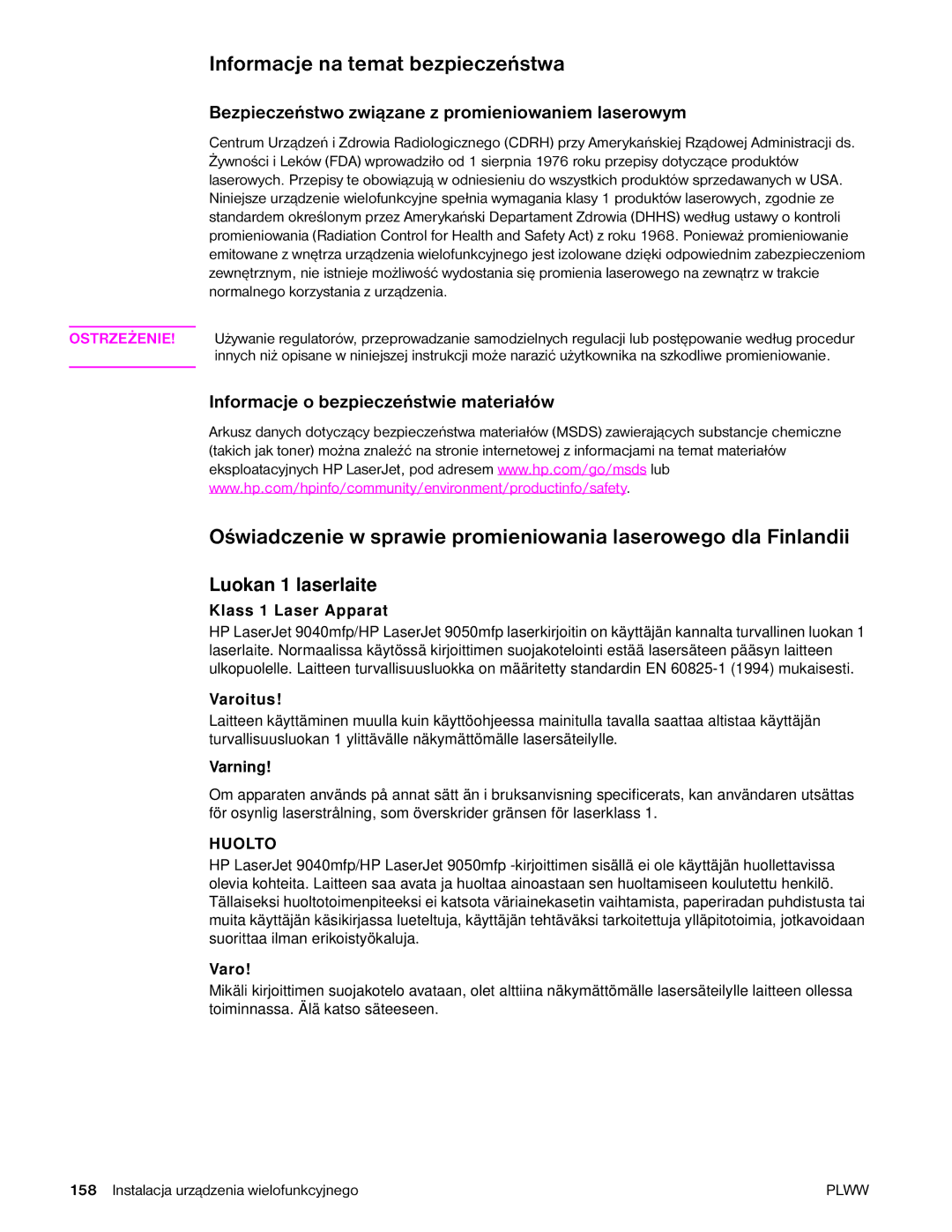 HP 9040MFP, 9050MFP manual Informacje na temat bezpieczeństwa, Bezpieczeństwo związane z promieniowaniem laserowym 