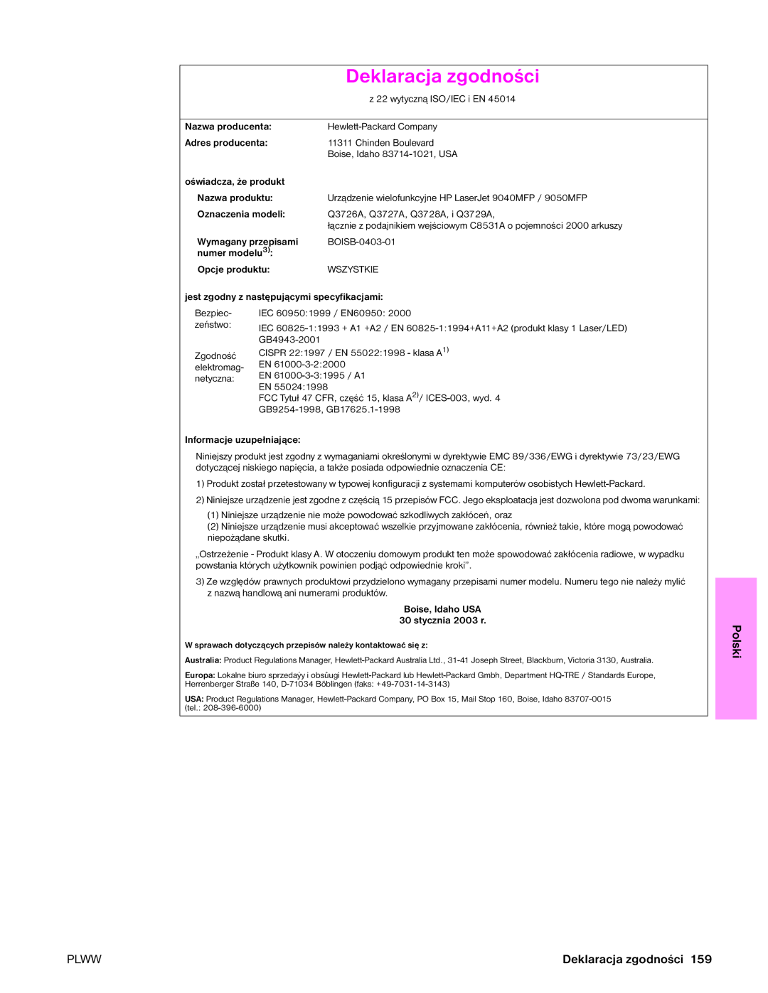 HP 9050MFP, 9040MFP manual Deklaracja zgodności, Oznaczenia modeli 