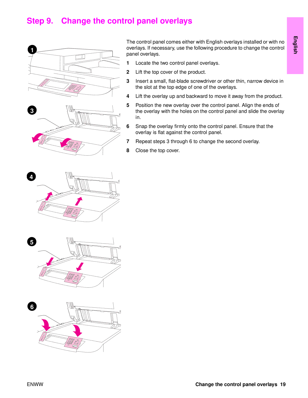 HP 9050MFP, 9040MFP manual Change the control panel overlays 