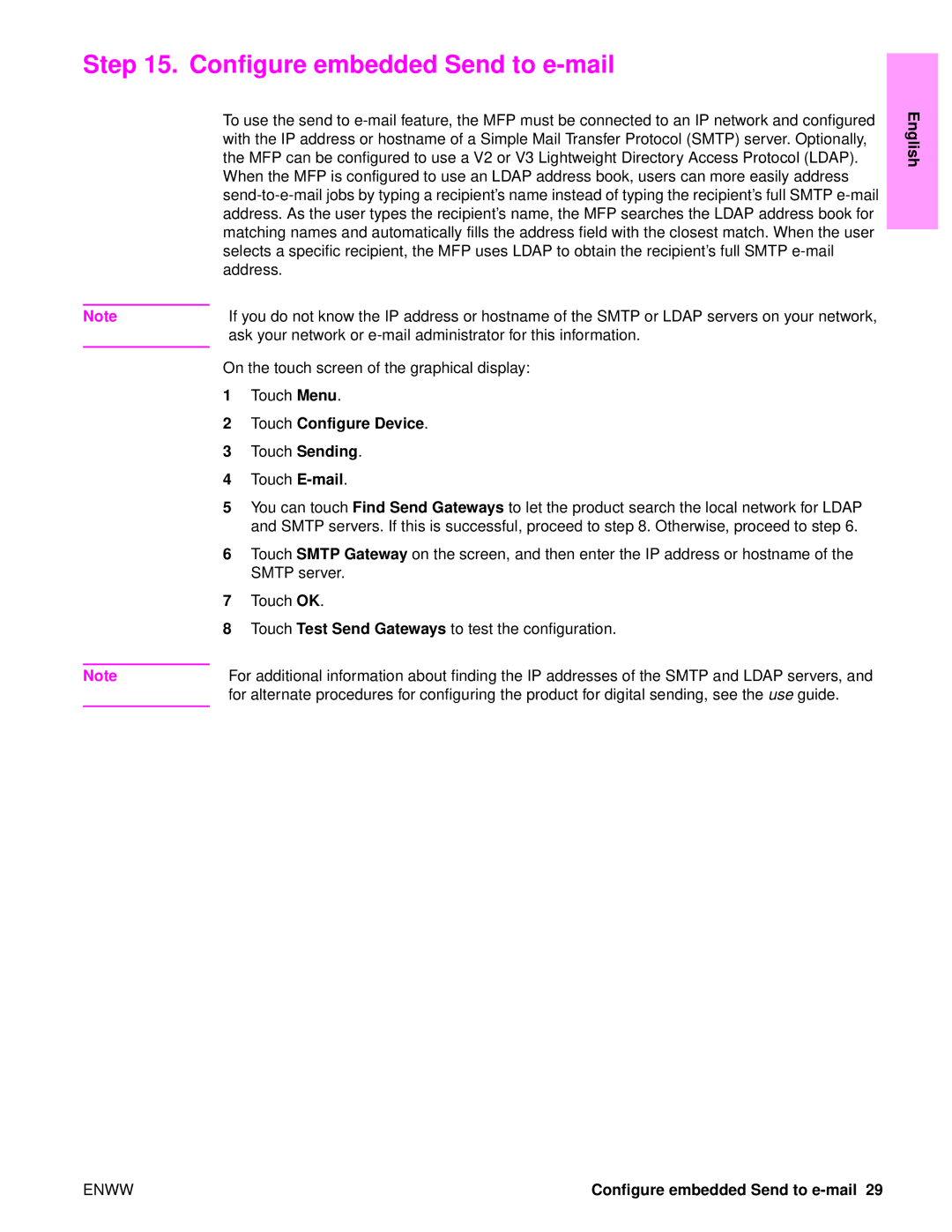 HP 9050MFP, 9040MFP manual Configure embedded Send to e-mail, Touch Configure Device 