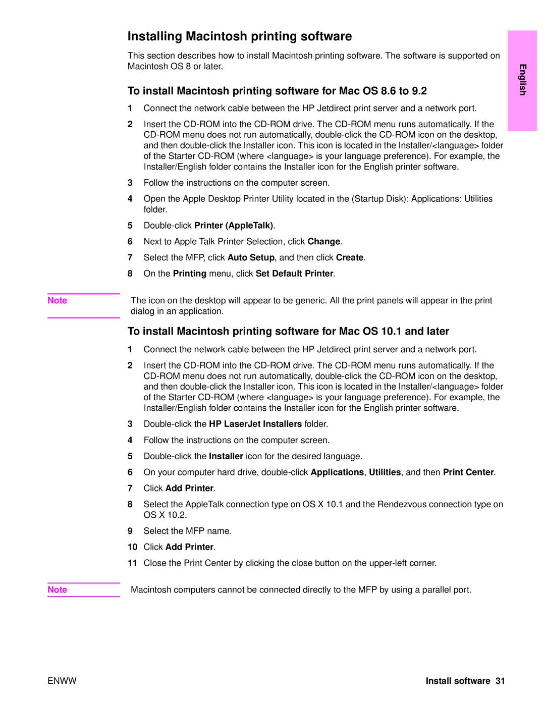 HP 9050MFP, 9040MFP manual Installing Macintosh printing software 