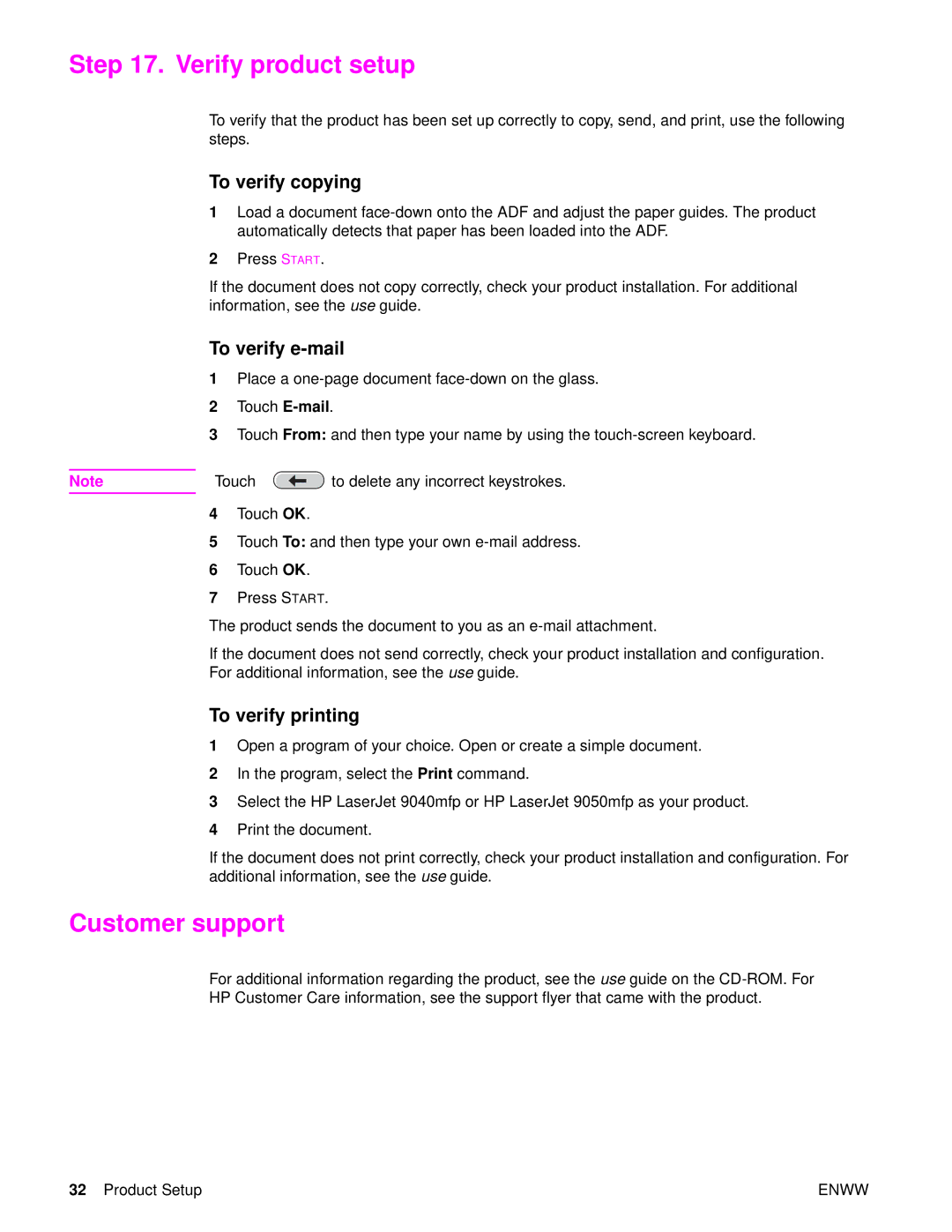 HP 9040MFP, 9050MFP manual Verify product setup, Customer support 