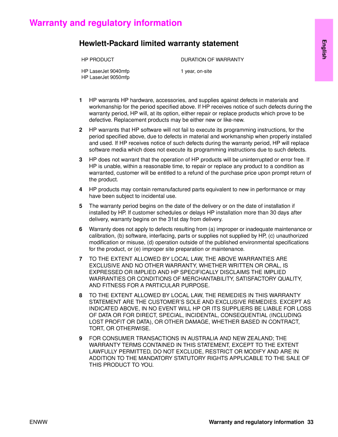 HP 9050MFP, 9040MFP manual Warranty and regulatory information, Hewlett-Packard limited warranty statement 