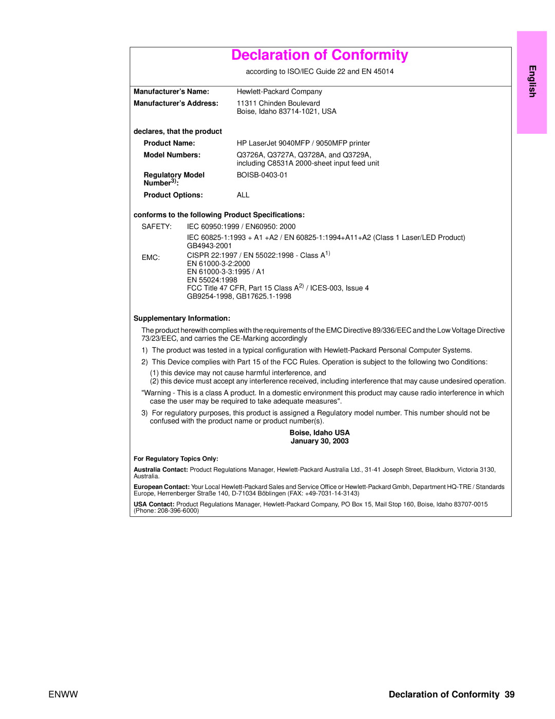 HP 9050MFP, 9040MFP manual Declaration of Conformity, Conforms to the following Product Specifications 