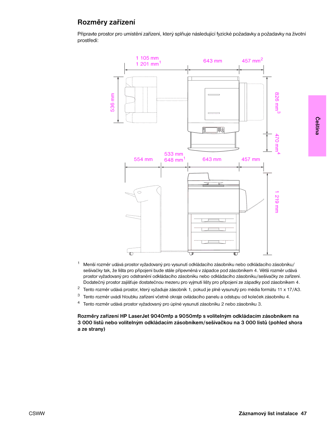 HP 9050MFP manual Rozměry zařízení, 105 mm 643 mm 457 mm 201 mm 536 mm 533 mm 554 mm 648 mm, 826 mm3470 mm4 457 mm, 219 mm 