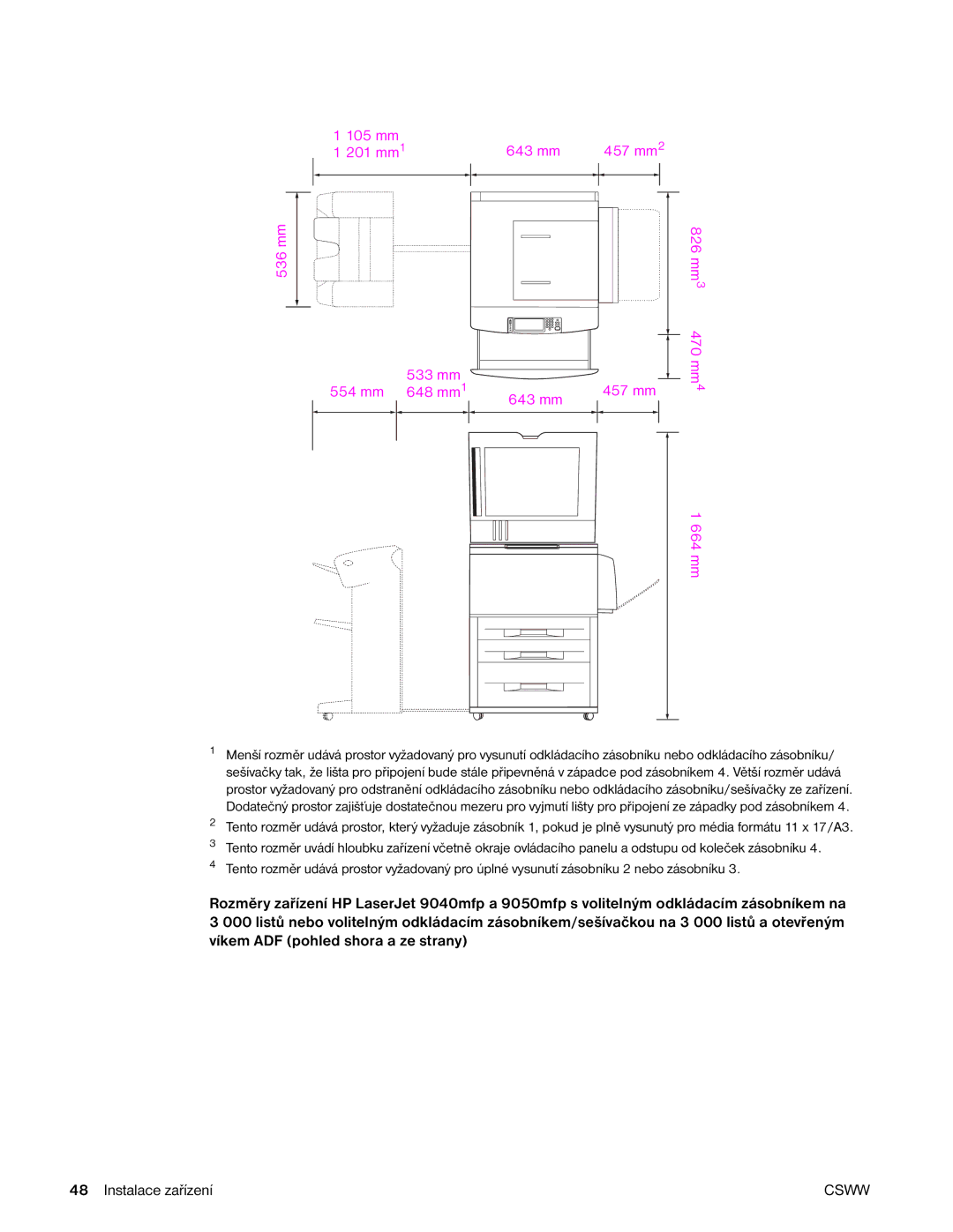 HP 9040MFP, 9050MFP manual 105 mm 201 mm1 533 mm 643 mm 457 mm2, 554 mm 648 mm1 643 mm 457 mm 664 mm 