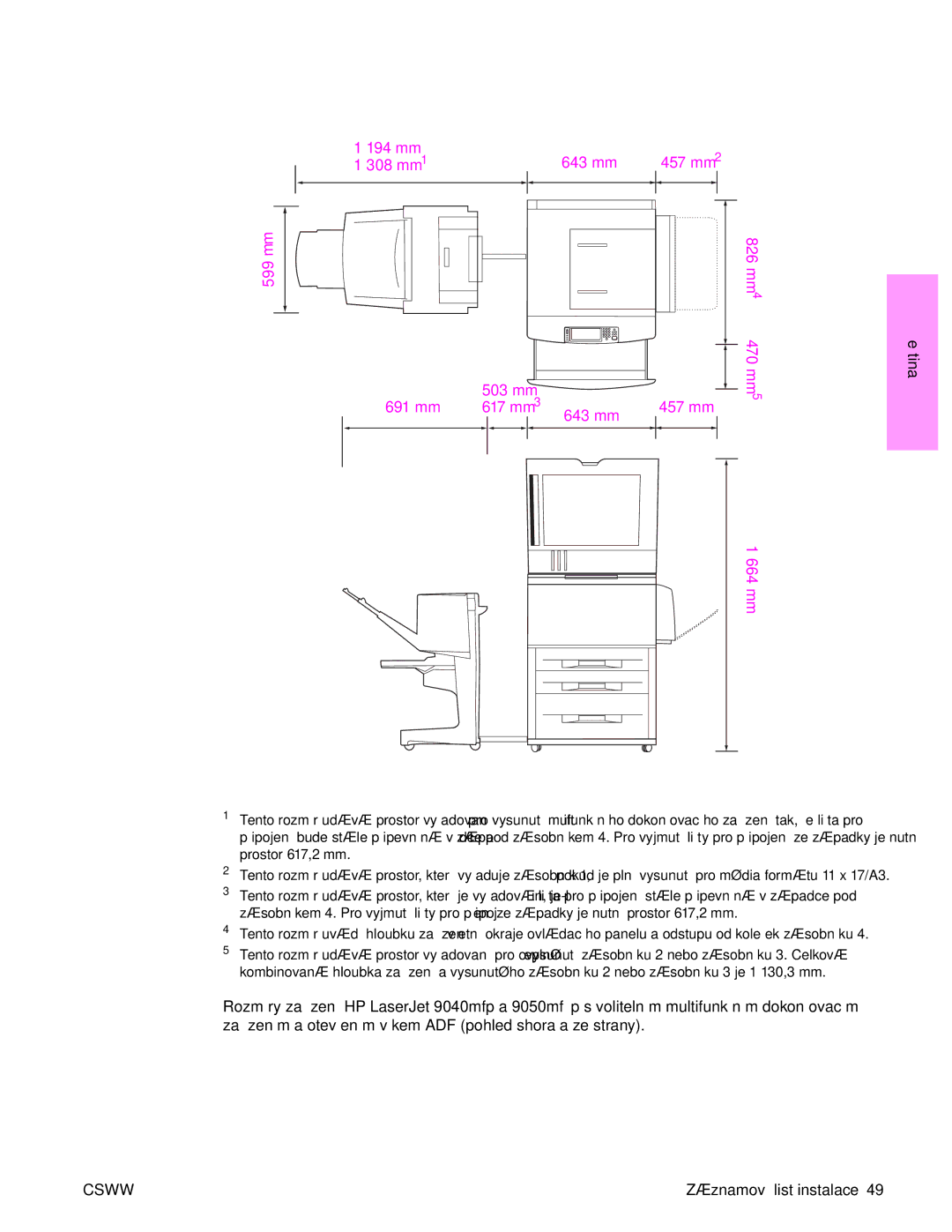 HP 9050MFP, 9040MFP manual 194 mm, 308 mm1 643 mm, 503 mm, 691 mm 617 mm 643 mm 