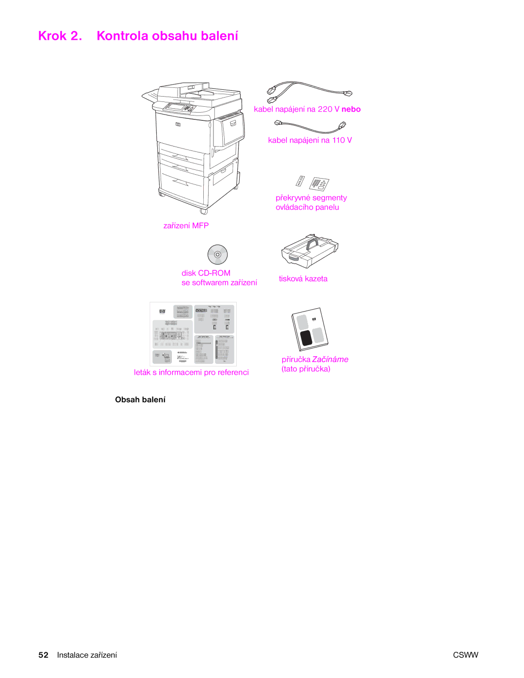 HP 9040MFP manual Krok 2. Kontrola obsahu balení, Se softwarem zařízení, Tato příručka, Leták s informacemi pro referenci 