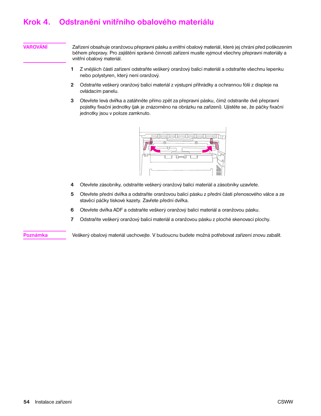 HP 9040MFP, 9050MFP manual Krok 4. Odstranění vnitřního obalového materiálu, Varování 