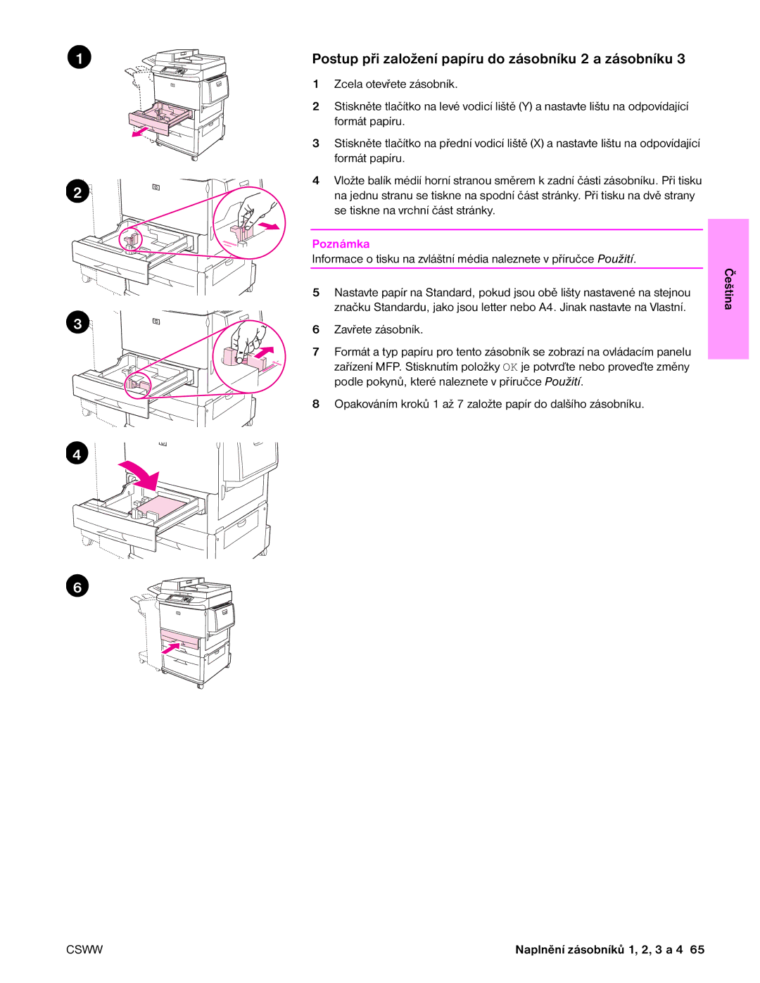 HP 9050MFP, 9040MFP manual Postup při založení papíru do zásobníku 2 a zásobníku 