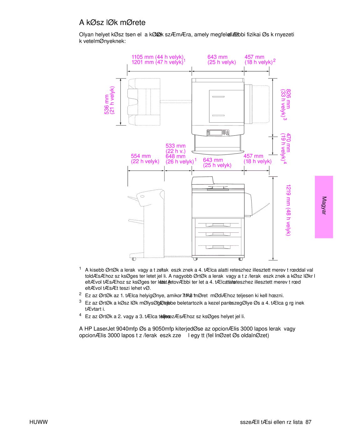 HP 9050MFP, 9040MFP manual Készülék mérete, 826 mm, 470 mm, 1219 mm 48 hüvelyk 