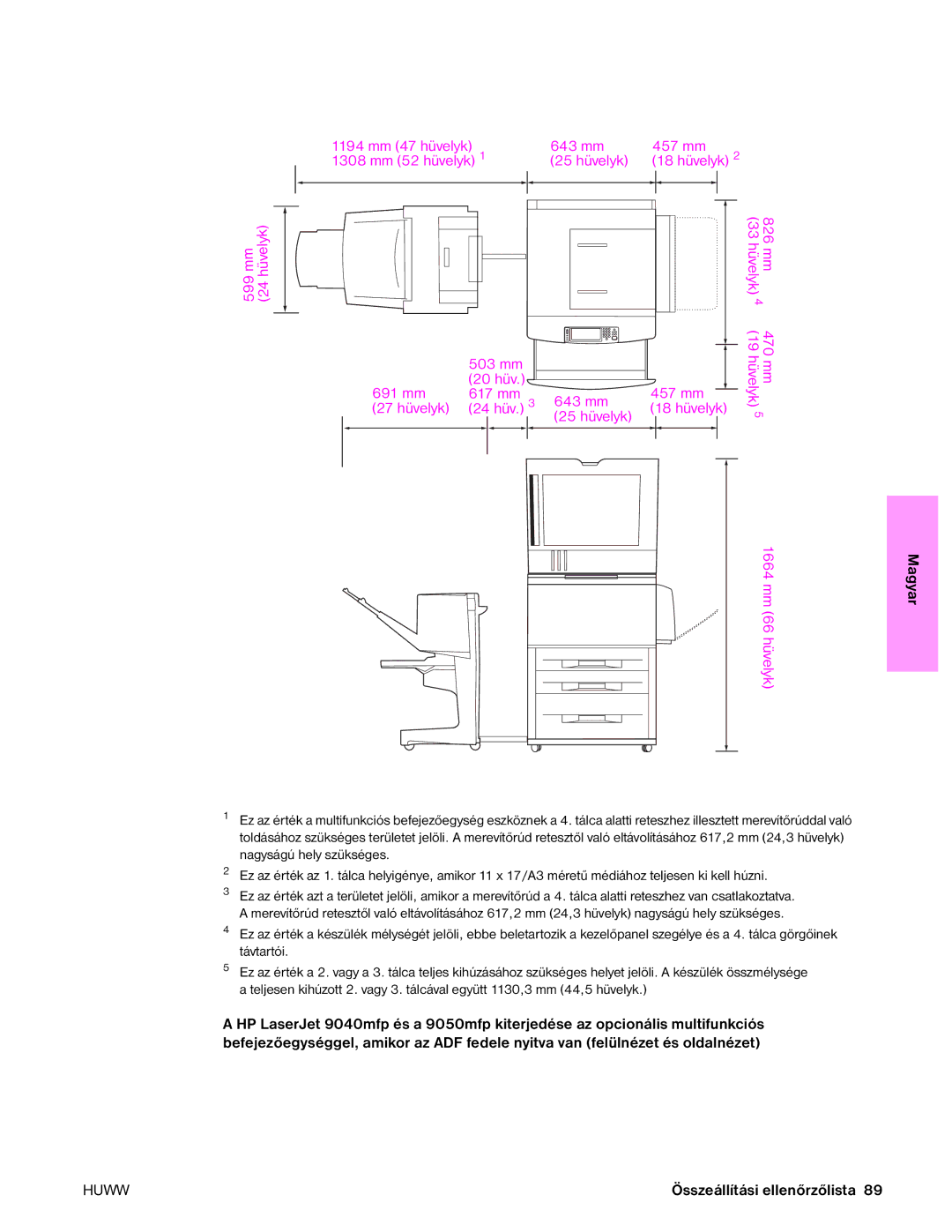 HP 9050MFP, 9040MFP manual 503 mm 691 mm 20 hüv 457 mm 617 mm 643 mm 27 hüvelyk 