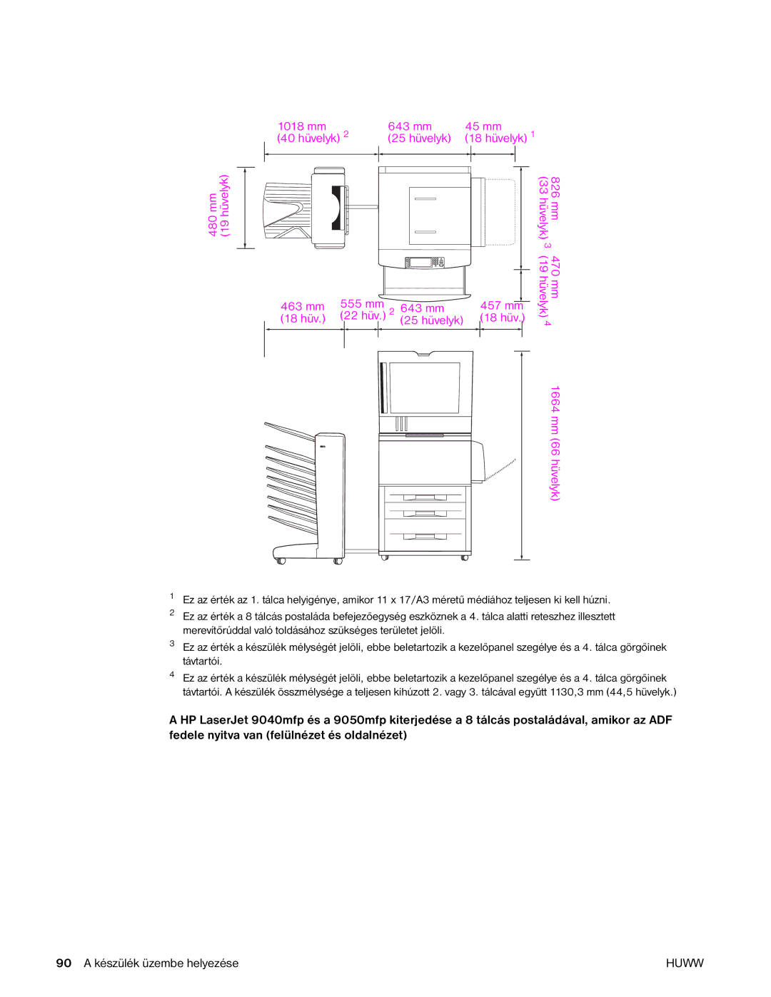 HP 9040MFP, 9050MFP manual 1018 mm 643 mm 45 mm 40 hüvelyk 25 hüvelyk, 826 mm 33 hüvelyk 463 mm 555 mm 643 mm 18 hüv 