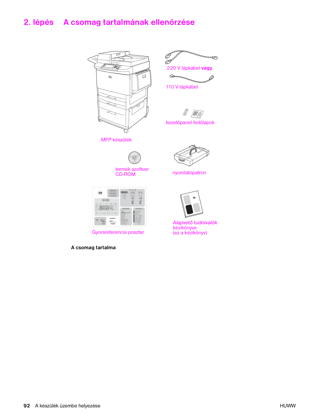 HP 9040MFP, 9050MFP manual Lépés a csomag tartalmának ellenőrzése, Kézikönyve, Gyorsreferencia poszter, Ez a kézikönyv 