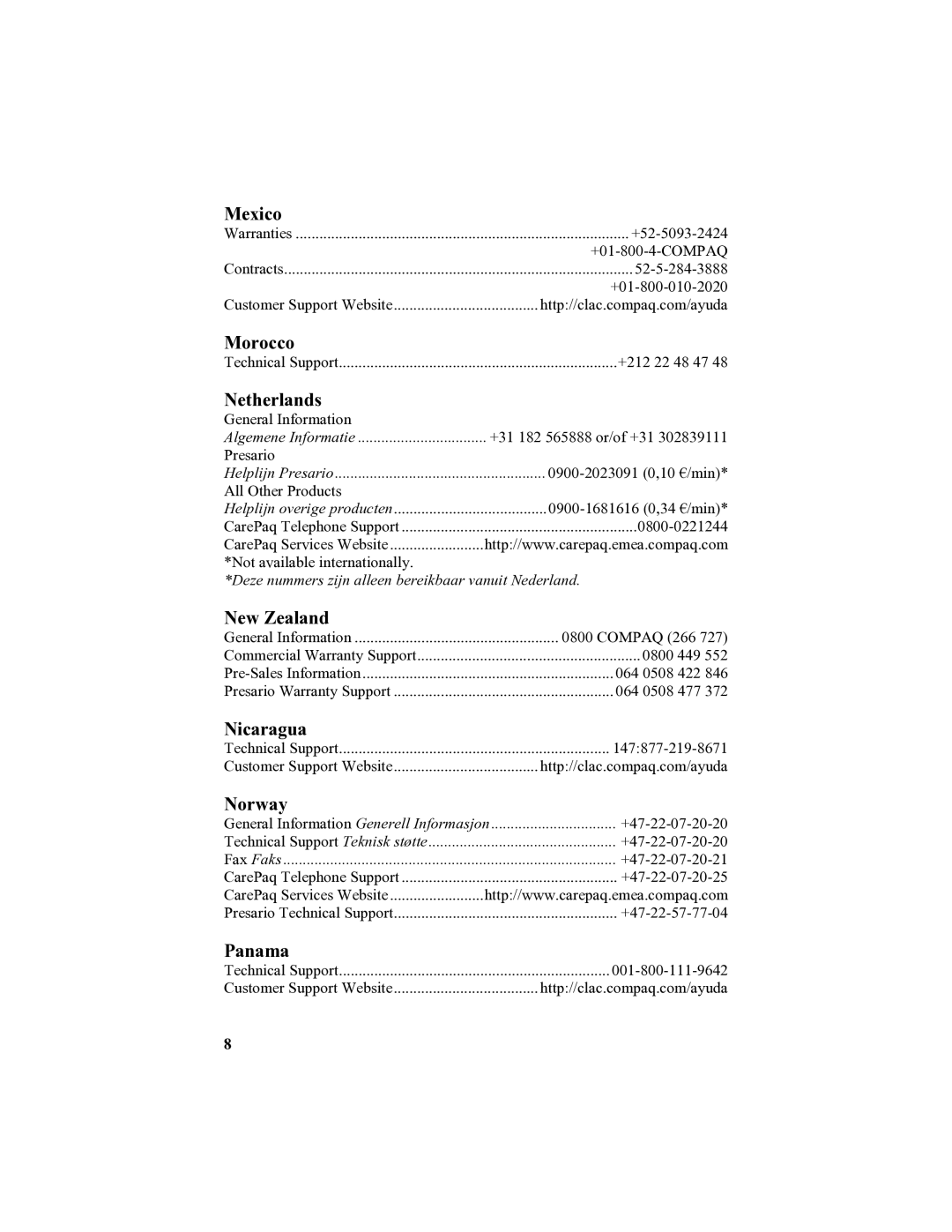 HP 907EA manual Mexico, Morocco, Netherlands, New Zealand, Nicaragua, Norway, Panama 