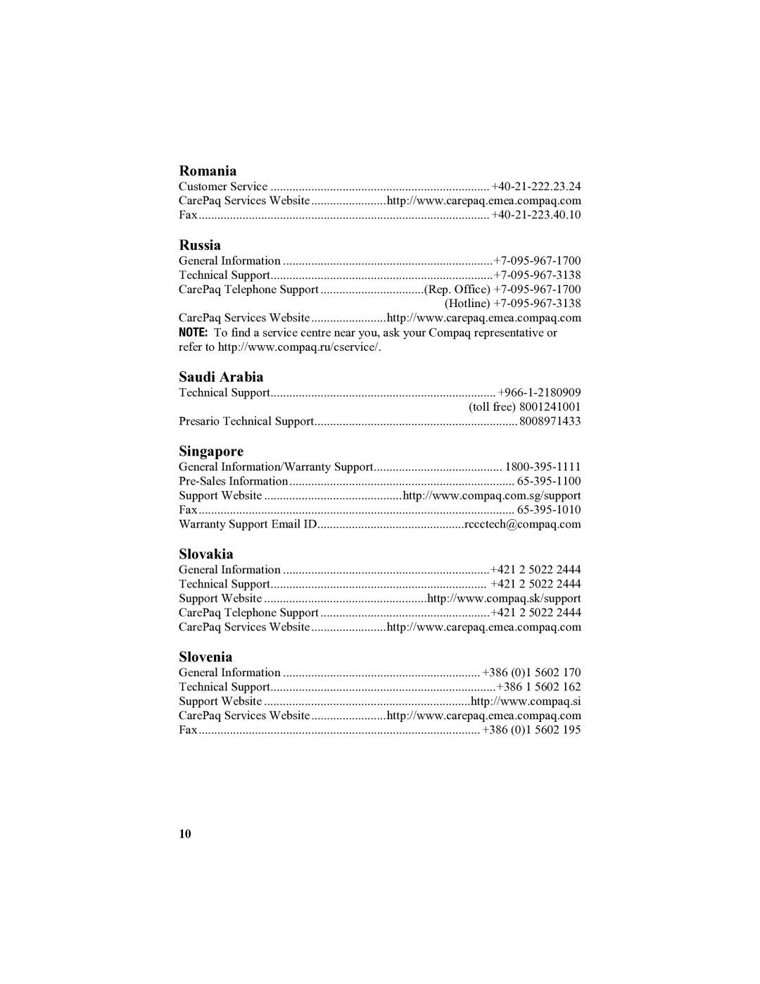 HP 907EA manual Romania, Russia, Saudi Arabia, Singapore, Slovakia, Slovenia 