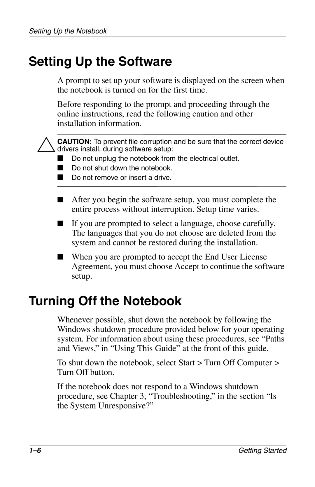 HP 907EA manual Setting Up the Software, Turning Off the Notebook 