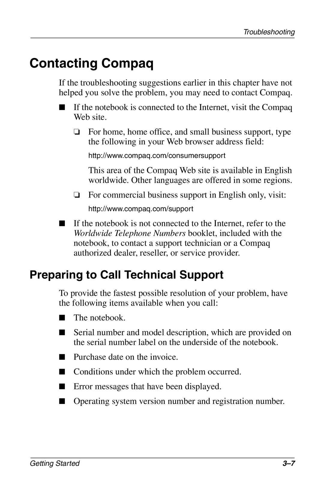 HP 907EA manual Contacting Compaq, Preparing to Call Technical Support 